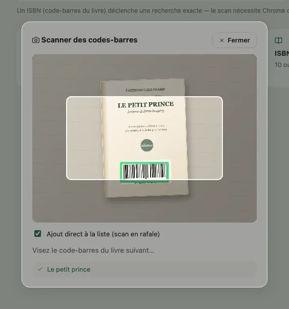 Exemple de scanner de code ISBN dans Inkshelf sur téléphone.