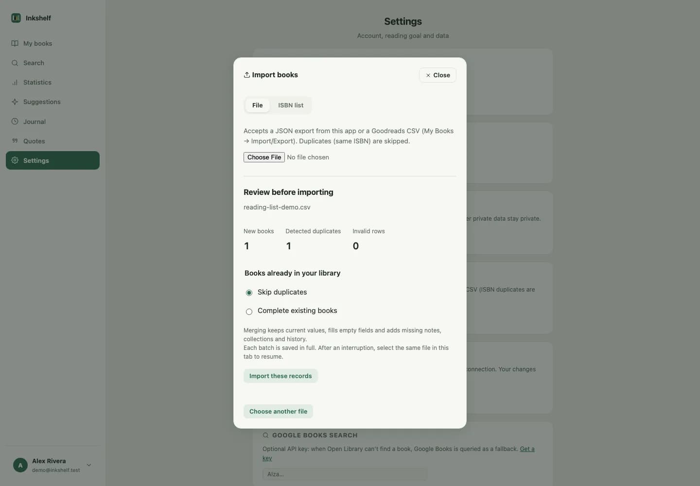 Screenshot of an Inkshelf import preview