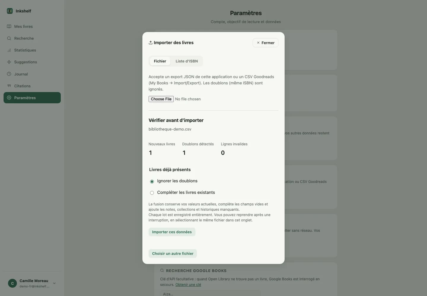 Capture de l’aperçu d’un import dans Inkshelf