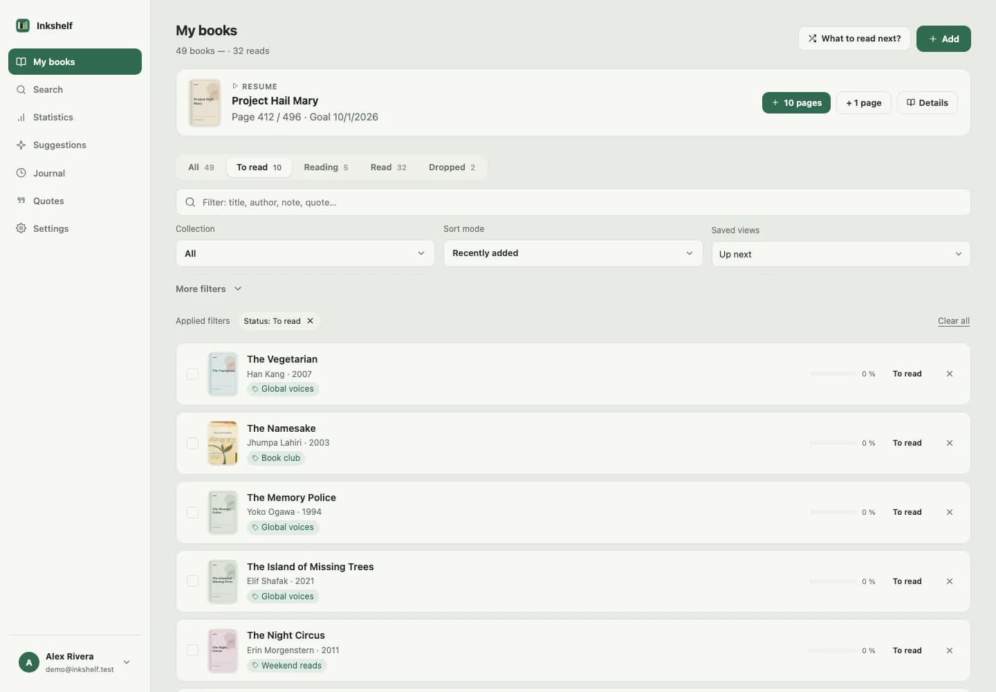 Screenshot of the Inkshelf library with filters and books