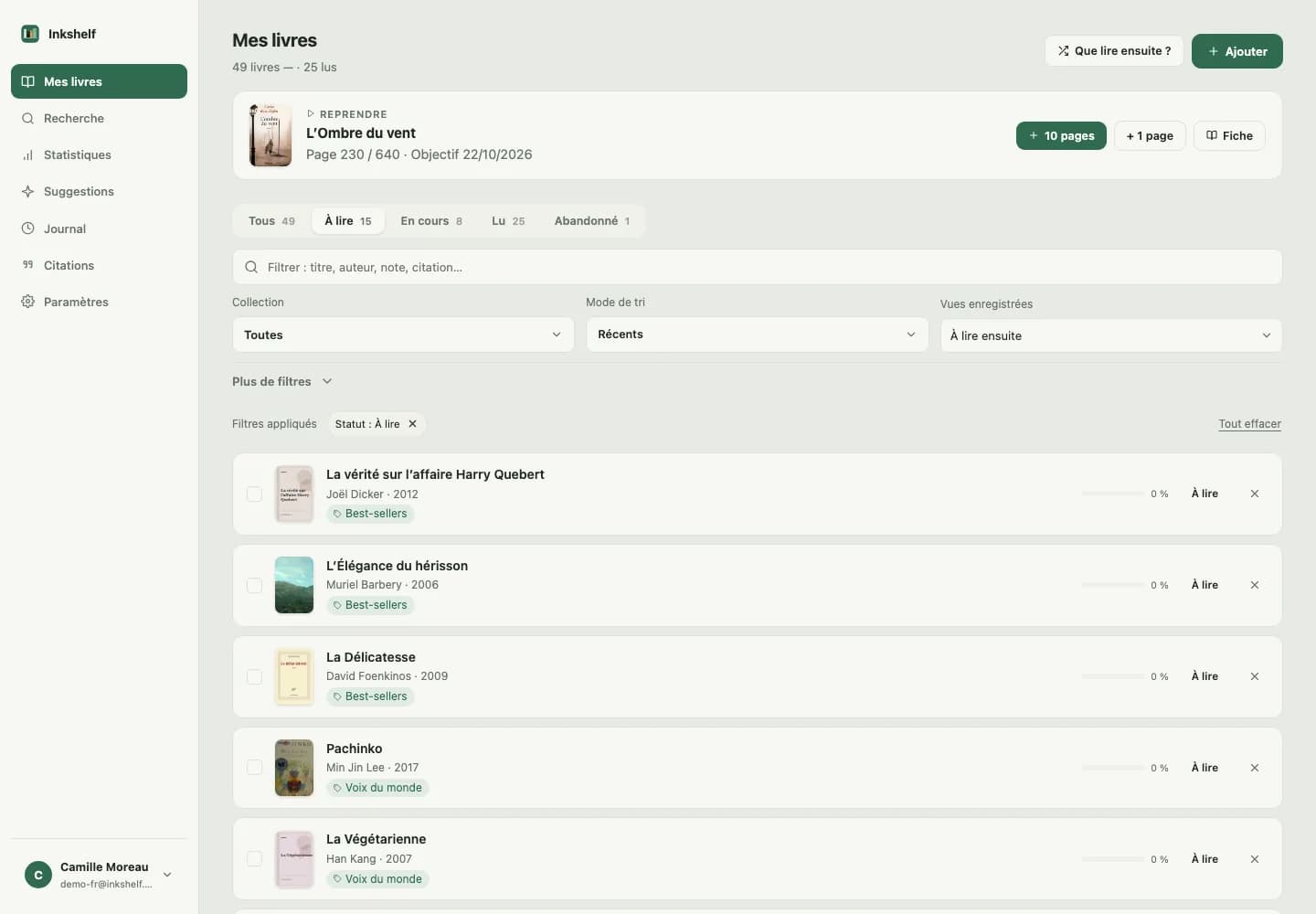 Capture de la bibliothèque Inkshelf avec ses filtres et livres