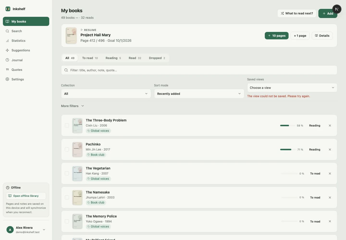 Screenshot of the Inkshelf library available offline
