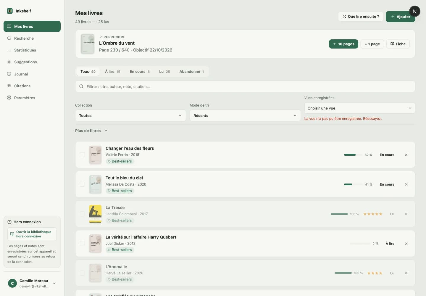 Capture de la bibliothèque Inkshelf disponible hors connexion