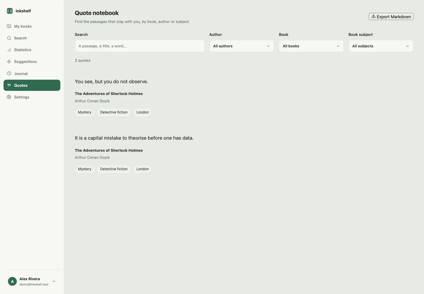 Screenshot of the Inkshelf quote notebook