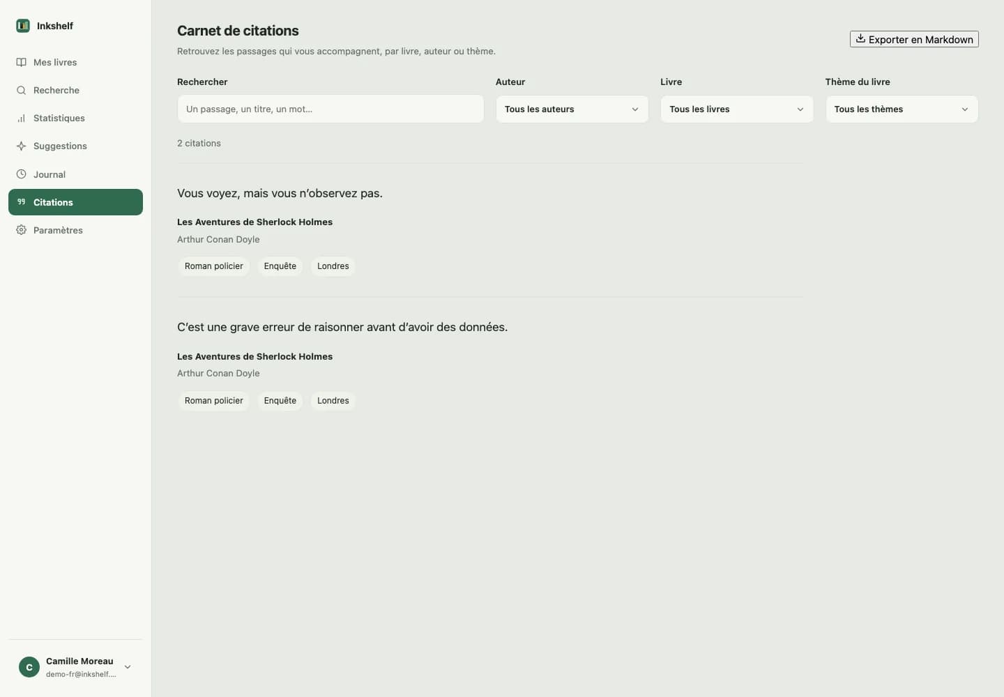 Capture du carnet de citations Inkshelf