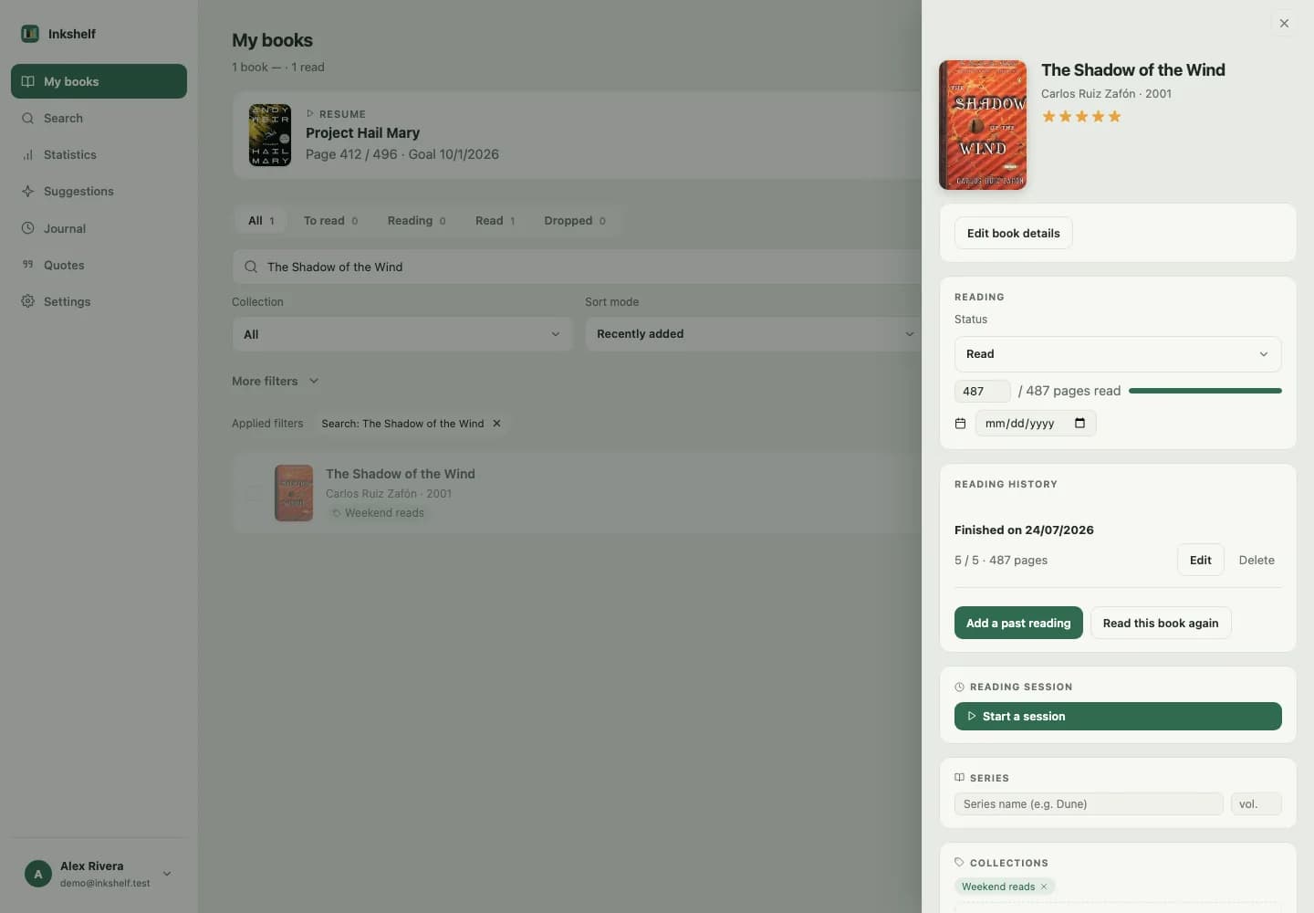 Screenshot of a book record and its reading history