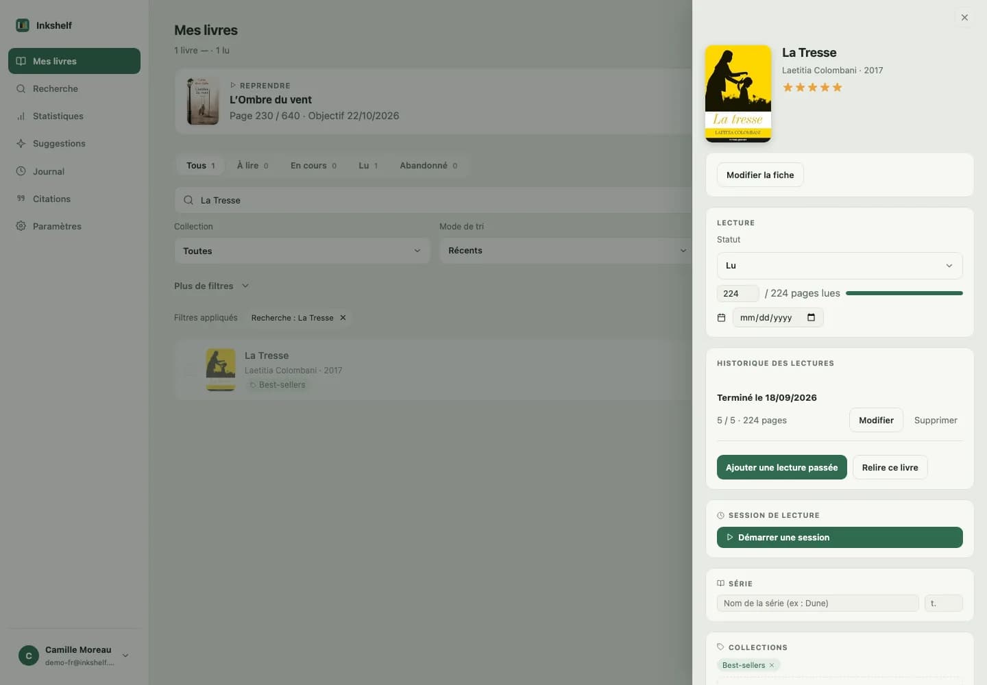 Capture d’une fiche de livre avec l’historique de lecture