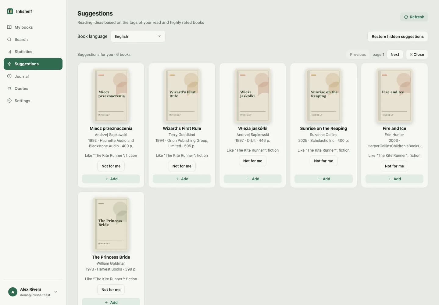 Screenshot of Inkshelf reading suggestions