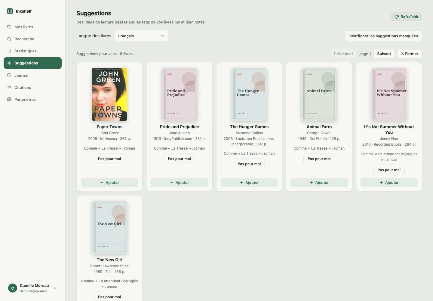 Capture des suggestions de lecture Inkshelf