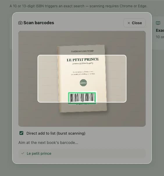 Sample Inkshelf ISBN barcode scanner on a phone with a matched book.